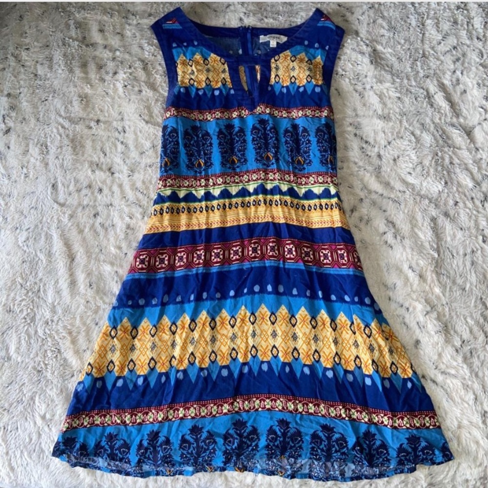 Vintage Blue and Yellow Patterned Sleeveless Dress